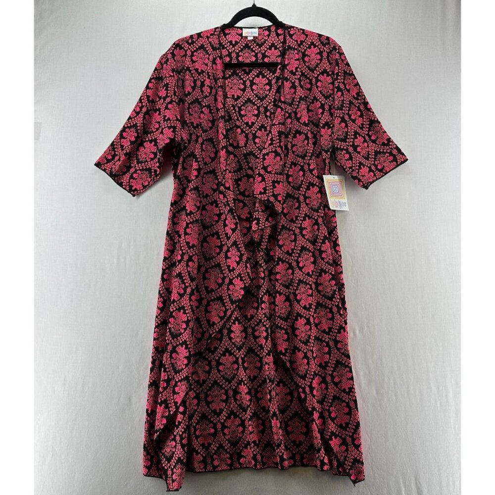LuLaRoe Shirley Kimono Womens S Tie Waist Open Bohemian Duster Floral Pink Black